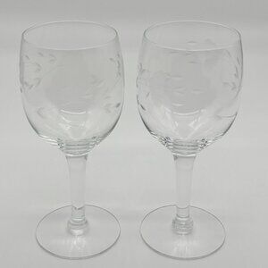 Vintage Princess House Wine Glasses Heritage Pattern Etched Set of 2-6" Glasses~